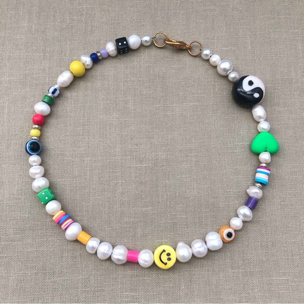 💚🙂 REAL Pearls Smiley Yin Yang Evil Eye Trendy Choker Necklace
